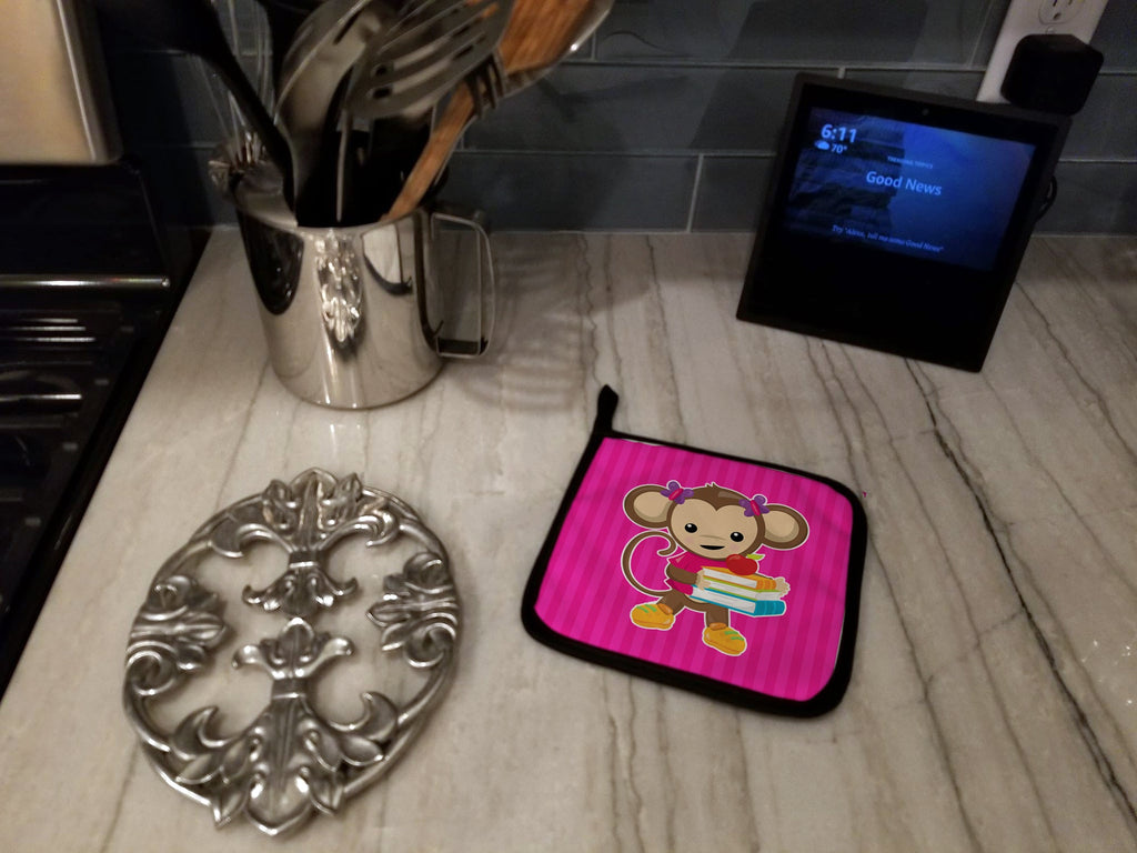 Monkey and School books Pot Holder Set of 2 Heat Resistant Quilted Hot Pads 7.5 x 7.5 Inch, Insulated Kitchen Trivets for Cooking & Baking