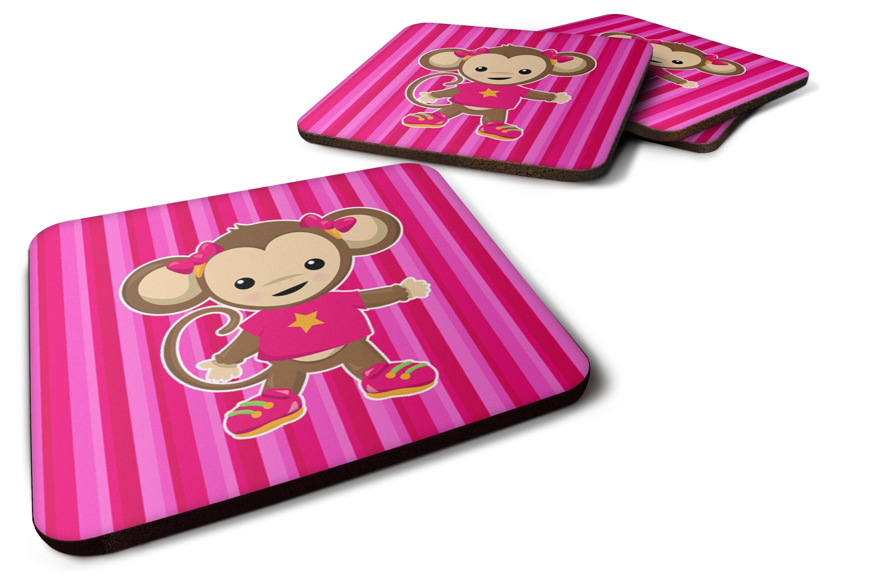 Monkey on Pink Stripes Foam Coasters Set of 4 Cup Coasters for Indoor Outdoor, Tabletop Protection, Anti Slip, Mouse pad Material