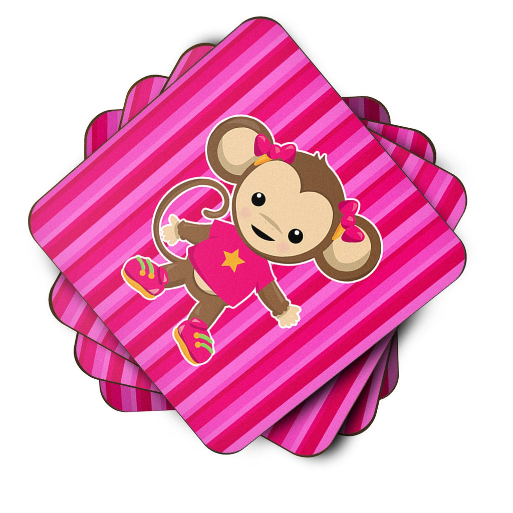 Monkey on Pink Stripes Foam Coasters Set of 4 Cup Coasters for Indoor Outdoor, Tabletop Protection, Anti Slip, Mouse pad Material