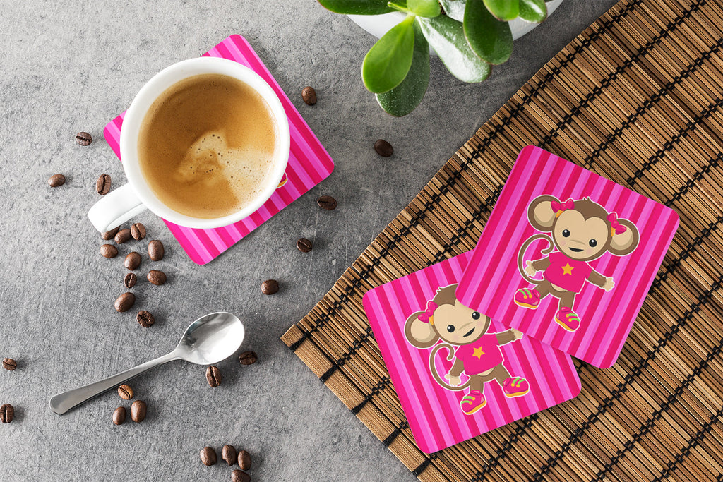 Monkey on Pink Stripes Foam Coasters Set of 4 Cup Coasters for Indoor Outdoor, Tabletop Protection, Anti Slip, Mouse pad Material