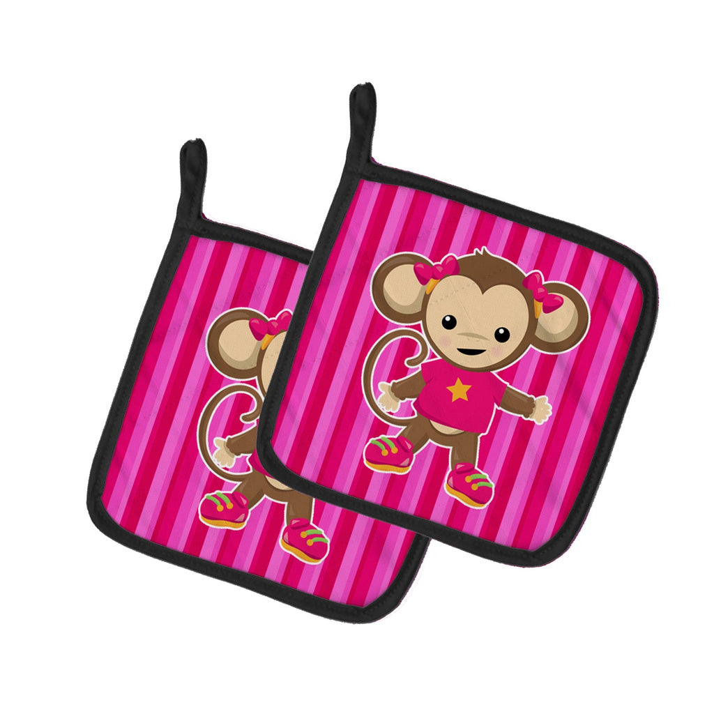 Monkey on Pink Stripes Pot Holder Set of 2 Heat Resistant Quilted Hot Pads 7.5 x 7.5 Inch, Insulated Kitchen Trivets for Cooking & Baking