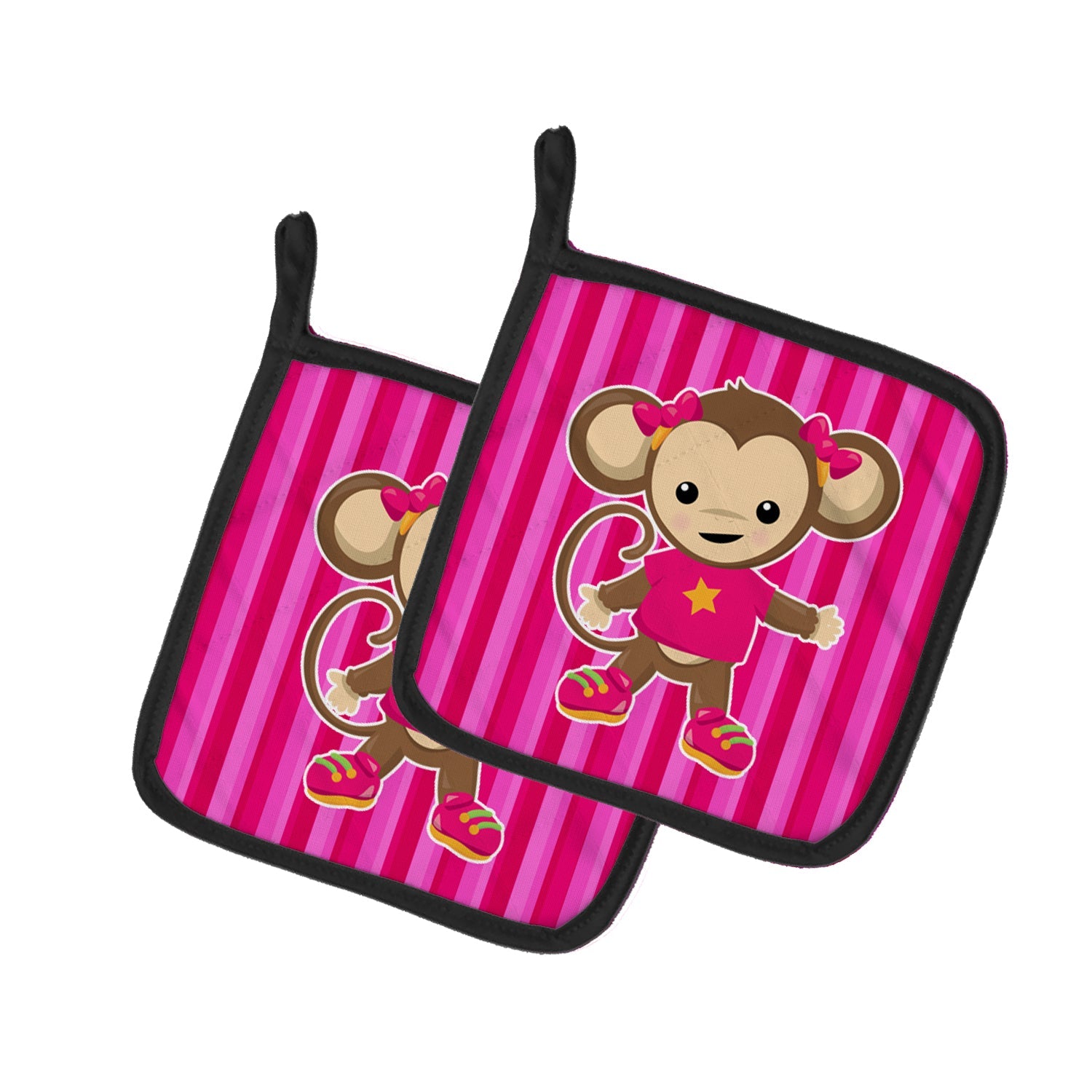 Monkey on Pink Stripes Pot Holder Set of 2 Heat Resistant Quilted Hot Pads 7.5 x 7.5 Inch, Insulated Kitchen Trivets for Cooking & Baking