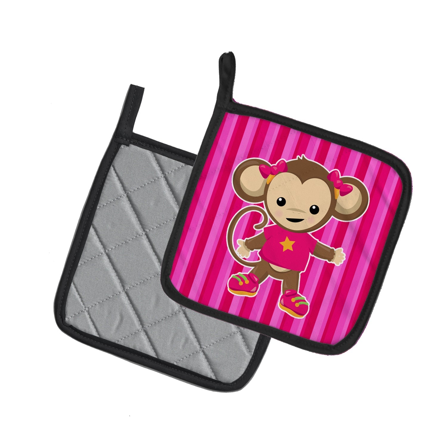 Monkey on Pink Stripes Pot Holder Set of 2 Heat Resistant Quilted Hot Pads 7.5 x 7.5 Inch, Insulated Kitchen Trivets for Cooking & Baking