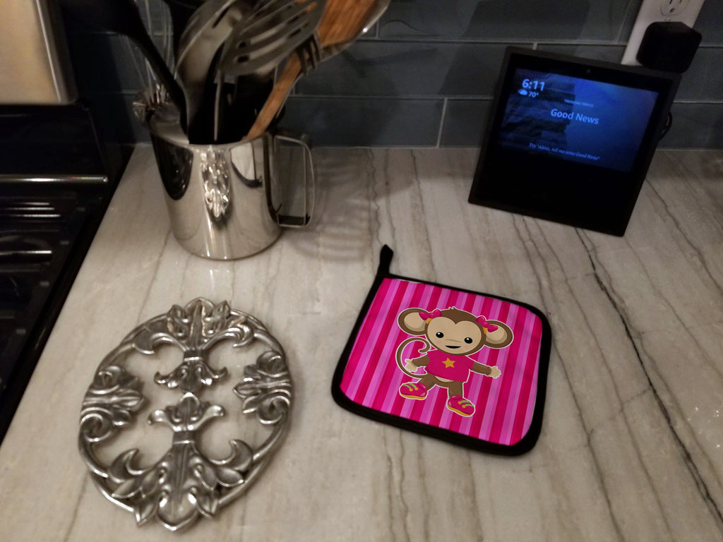 Monkey on Pink Stripes Pot Holder Set of 2 Heat Resistant Quilted Hot Pads 7.5 x 7.5 Inch, Insulated Kitchen Trivets for Cooking & Baking