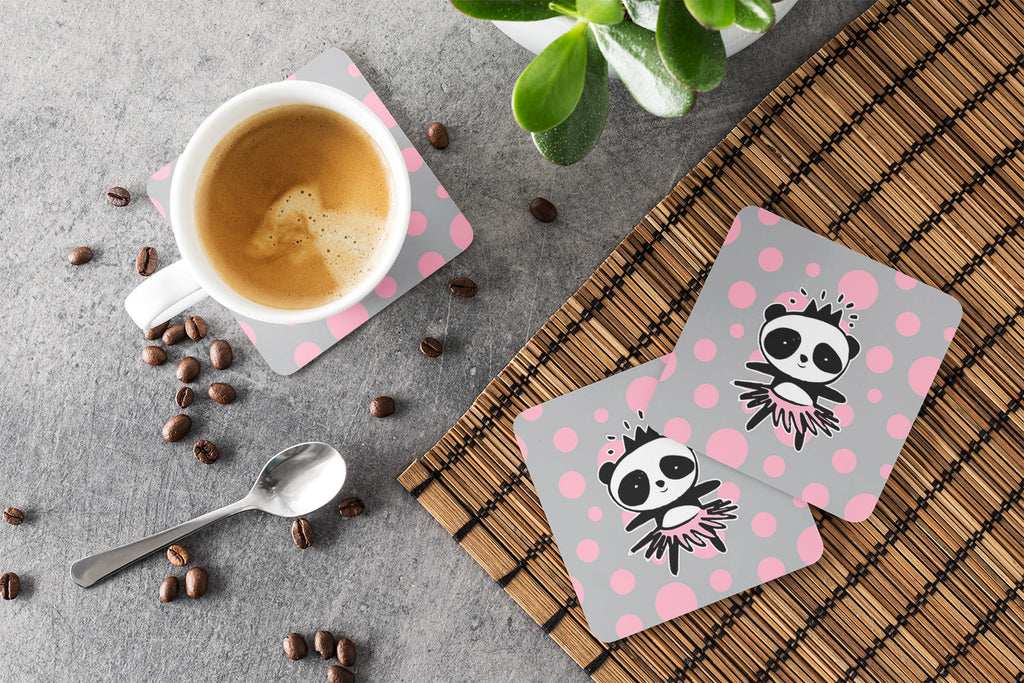 Panda Bear Ballerina Foam Coasters Set of 4 Cup Coasters for Indoor Outdoor, Tabletop Protection, Anti Slip, Mouse pad Material