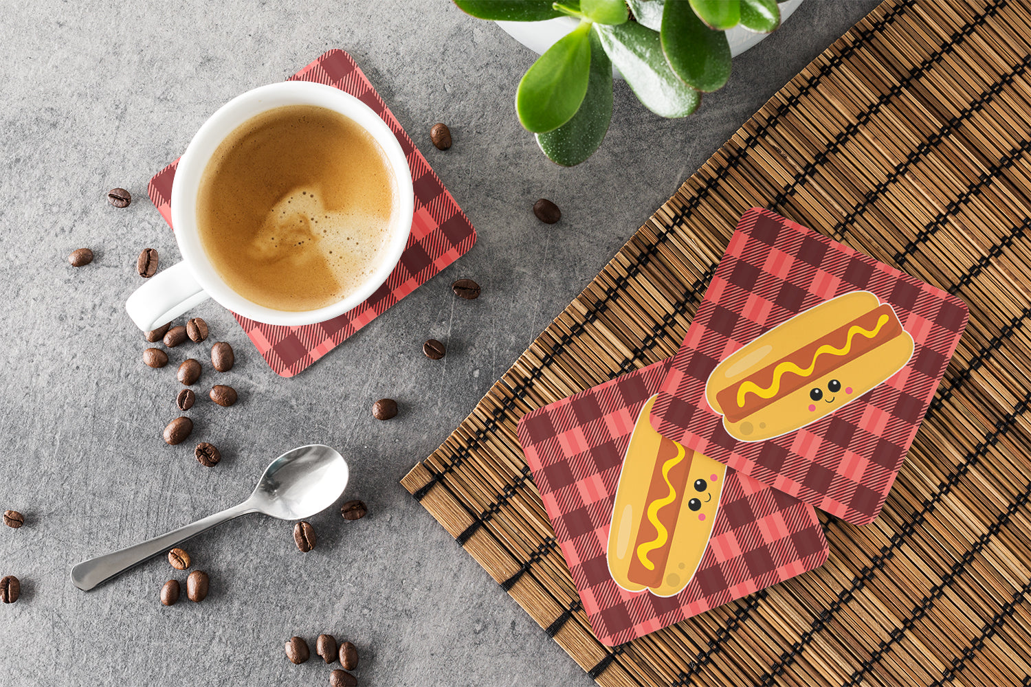 Hot Dog Face Foam Coasters Set of 4 Cup Coasters for Indoor Outdoor, Tabletop Protection, Anti Slip, Mouse pad Material