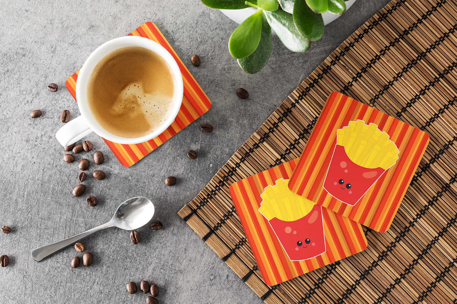 French Fries Face Foam Coasters Set of 4 Cup Coasters for Indoor Outdoor, Tabletop Protection, Anti Slip, Mouse pad Material