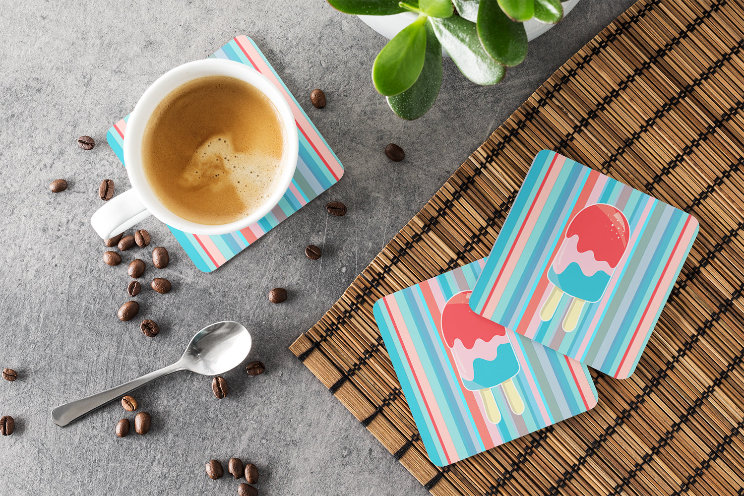 Ice Pop Popcicle Red Pink Blue Foam Coasters Set of 4 Cup Coasters for Indoor Outdoor, Tabletop Protection, Anti Slip, Mouse pad Material