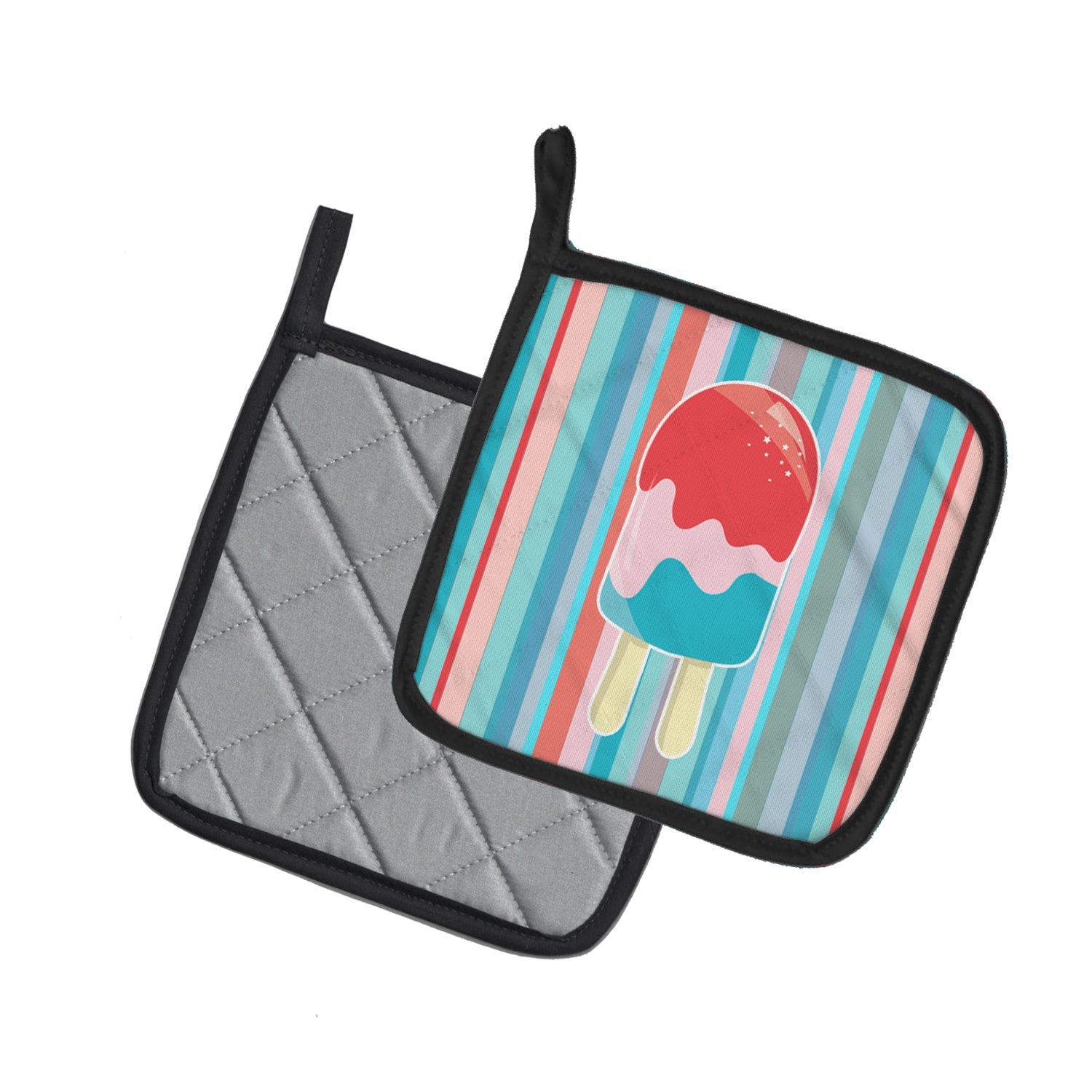 Ice Pop Popcicle Red Pink Blue Pot Holder Set of 2 Heat Resistant Quilted Hot Pads 7.5 x 7.5 Inch, Insulated Kitchen Trivets for Cooking & Baking