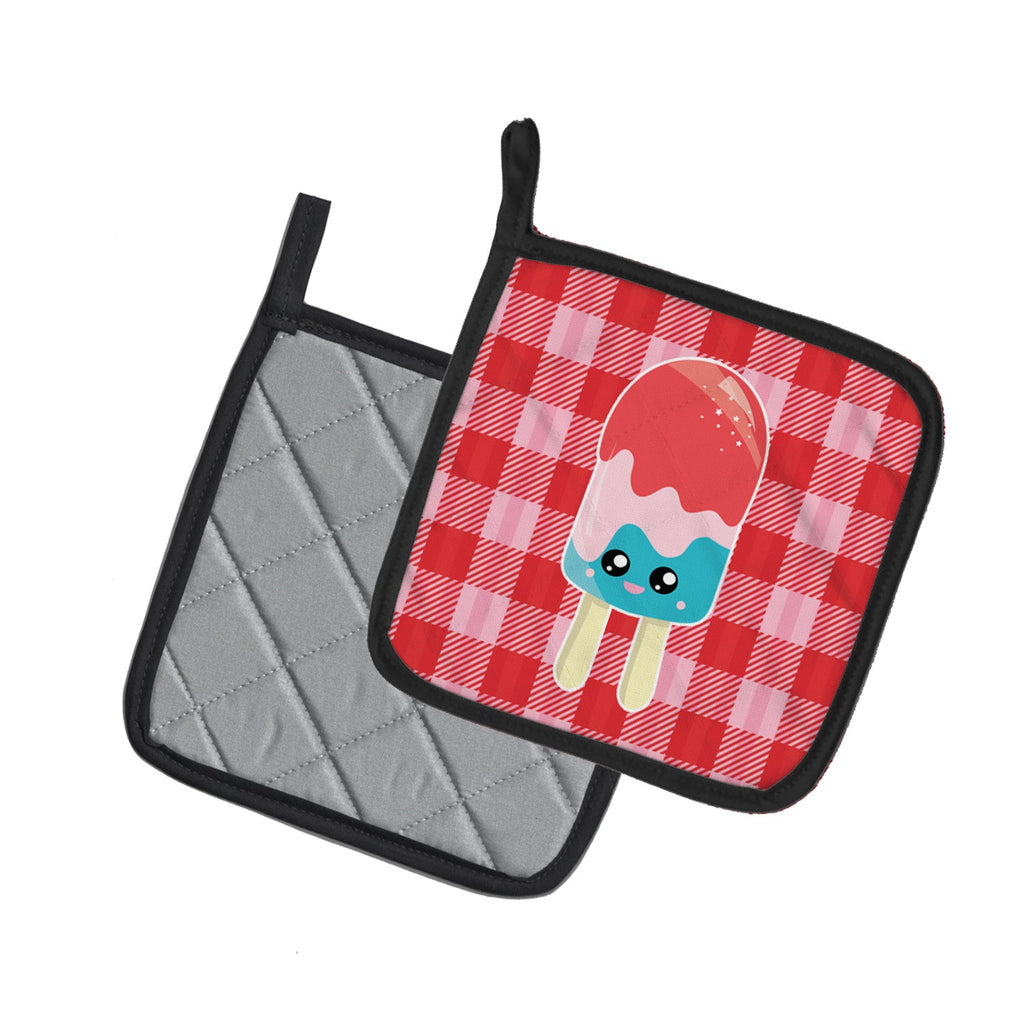 Ice Pop Popcicle Face Gingham Pot Holder Set of 2 Heat Resistant Quilted Hot Pads 7.5 x 7.5 Inch, Insulated Kitchen Trivets for Cooking & Baking