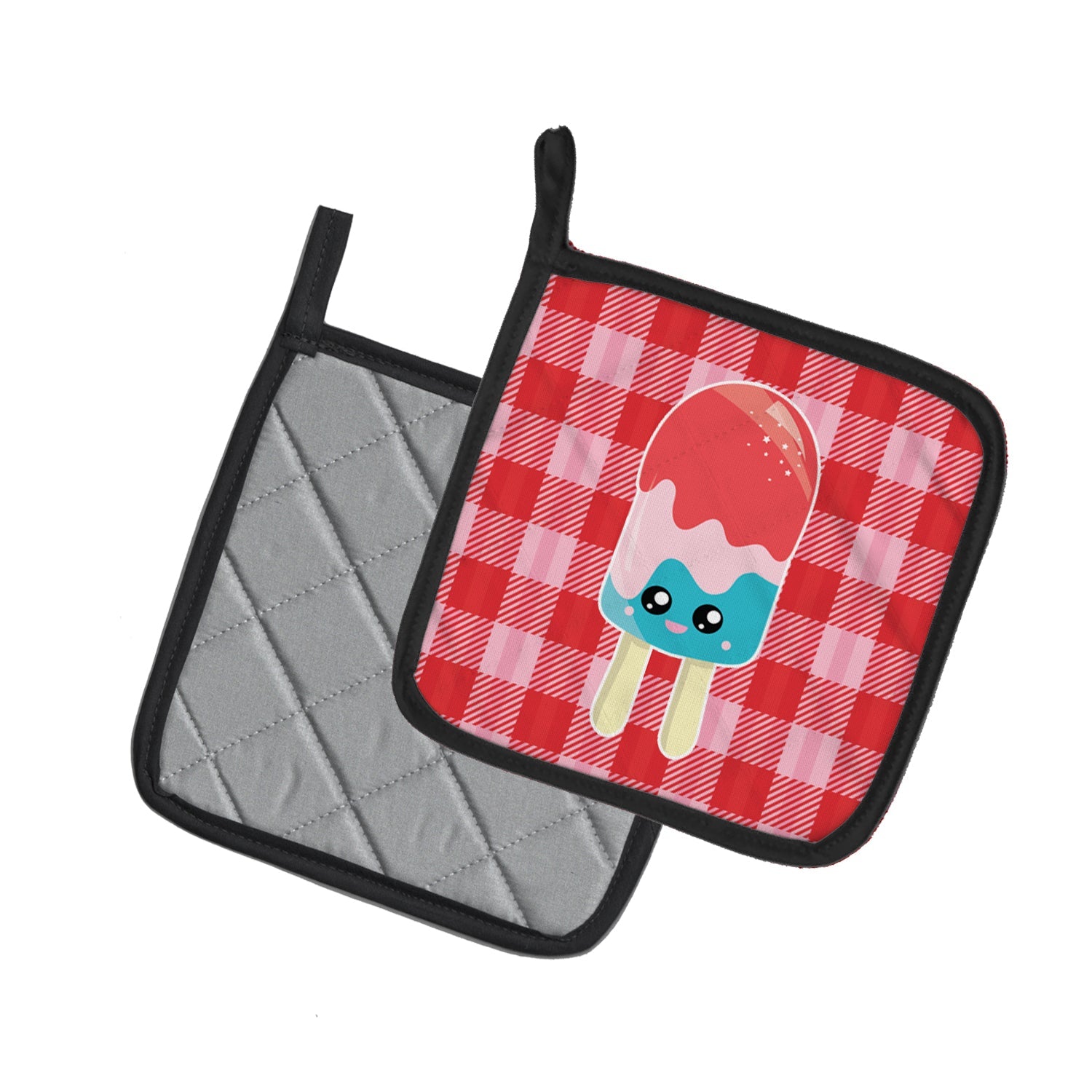 Ice Pop Popcicle Face Gingham Pot Holder Set of 2 Heat Resistant Quilted Hot Pads 7.5 x 7.5 Inch, Insulated Kitchen Trivets for Cooking & Baking