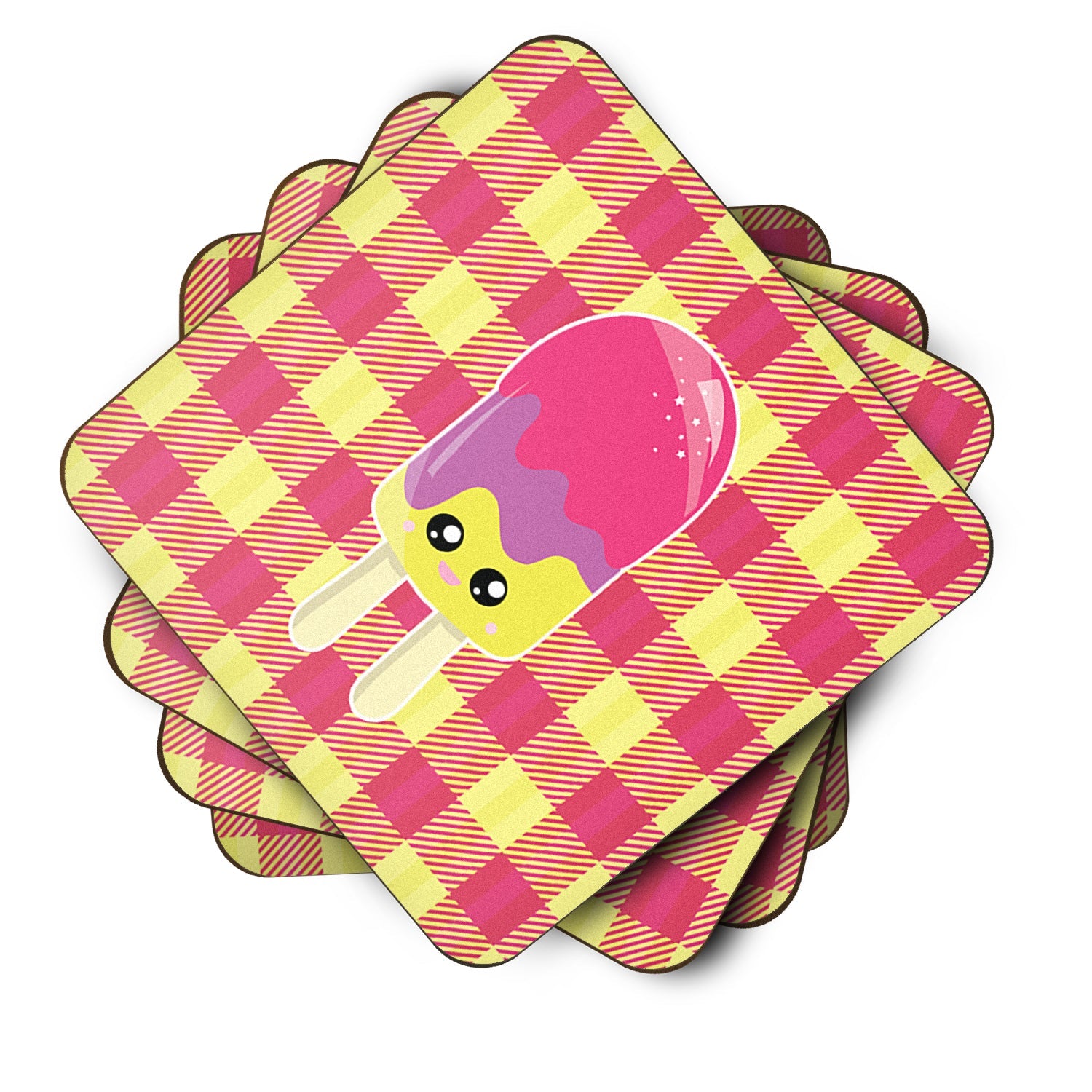 Ice Pop Popcicle Face Gingham Foam Coasters Set of 4 Cup Coasters for Indoor Outdoor, Tabletop Protection, Anti Slip, Mouse pad Material