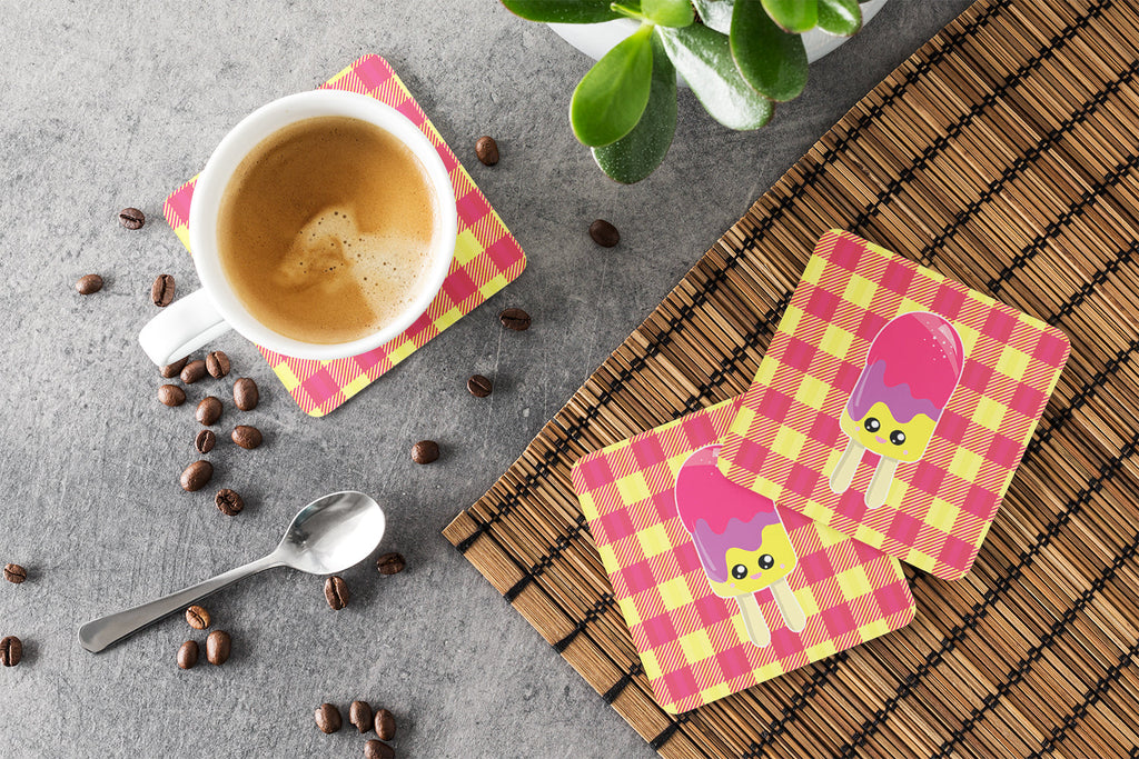 Ice Pop Popcicle Face Gingham Foam Coasters Set of 4 Cup Coasters for Indoor Outdoor, Tabletop Protection, Anti Slip, Mouse pad Material