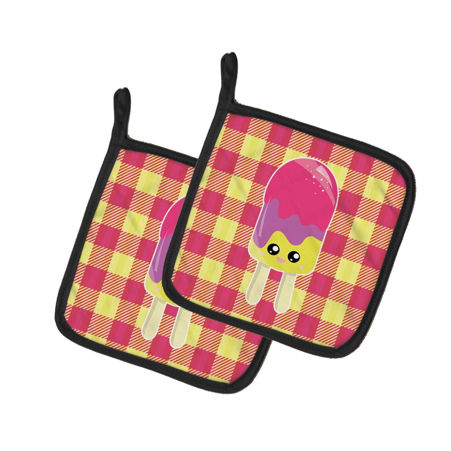 Ice Pop Popcicle Face Gingham Pot Holder Set of 2 Heat Resistant Quilted Hot Pads 7.5 x 7.5 Inch, Insulated Kitchen Trivets for Cooking & Baking
