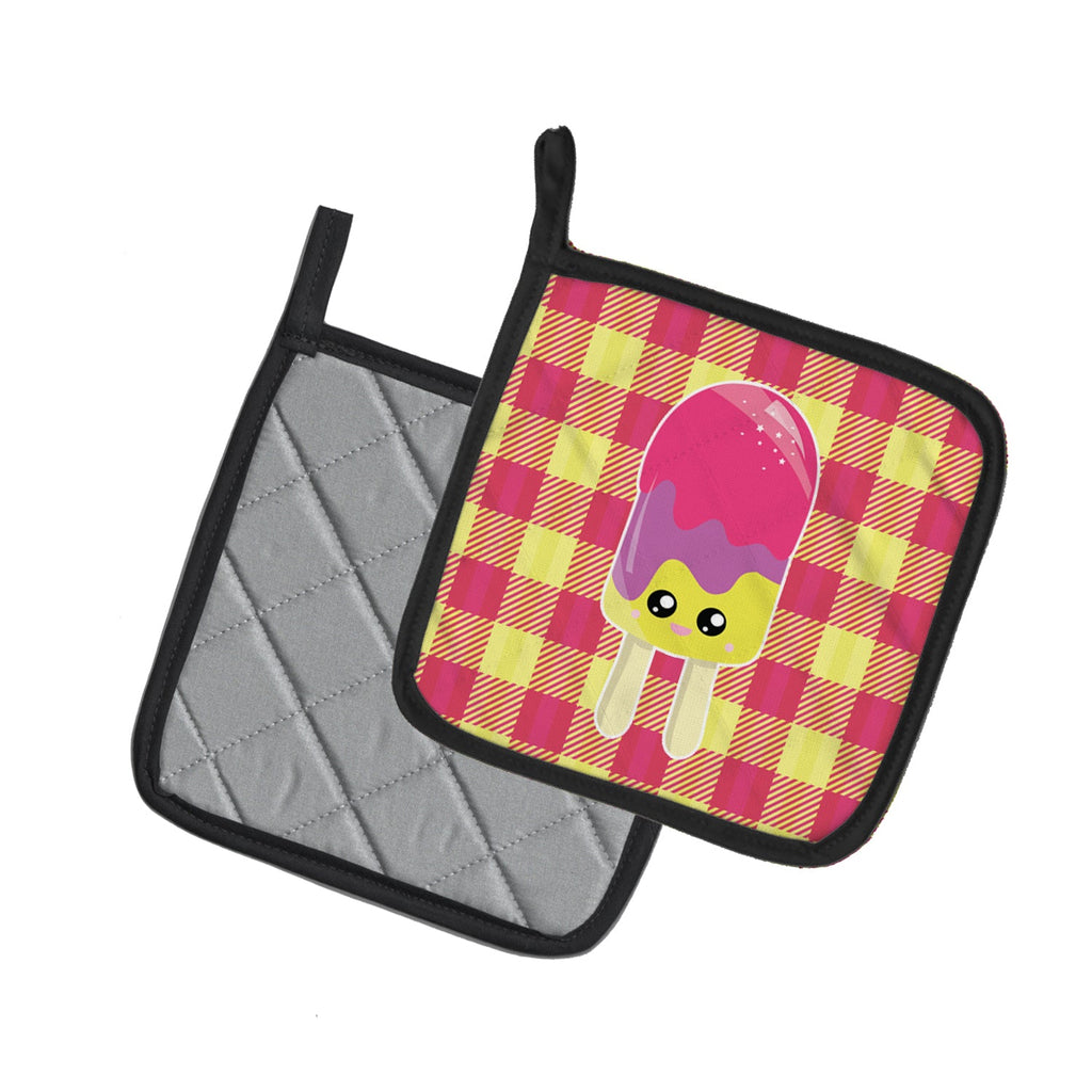 Ice Pop Popcicle Face Gingham Pot Holder Set of 2 Heat Resistant Quilted Hot Pads 7.5 x 7.5 Inch, Insulated Kitchen Trivets for Cooking & Baking