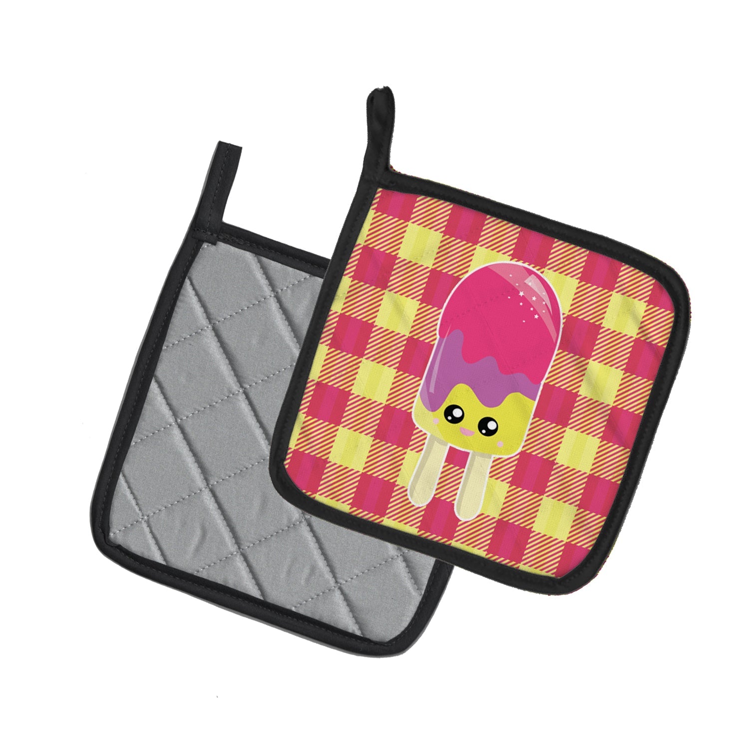 Ice Pop Popcicle Face Gingham Pot Holder Set of 2 Heat Resistant Quilted Hot Pads 7.5 x 7.5 Inch, Insulated Kitchen Trivets for Cooking & Baking