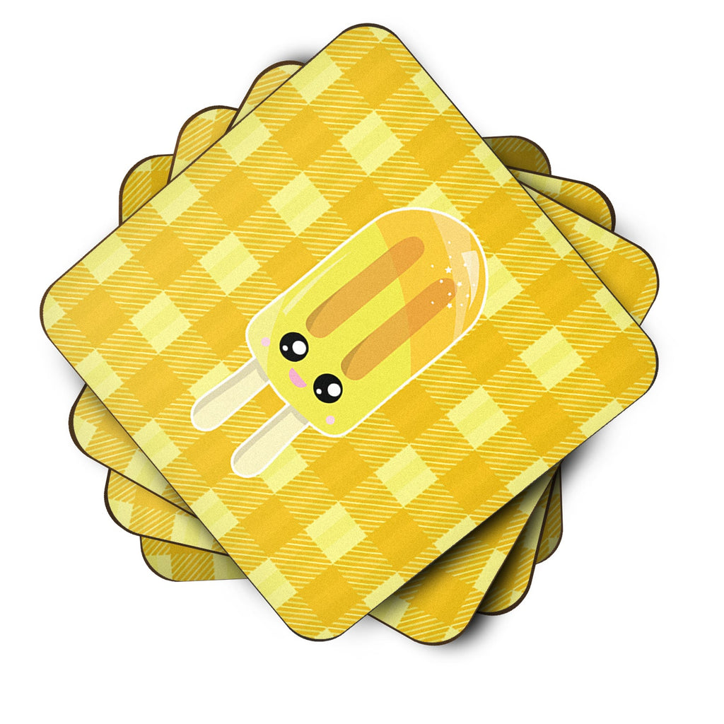 Ice Pop Popcicle Face Gingham Yellow Foam Coasters Set of 4 Cup Coasters for Indoor Outdoor, Tabletop Protection, Anti Slip, Mouse pad Material