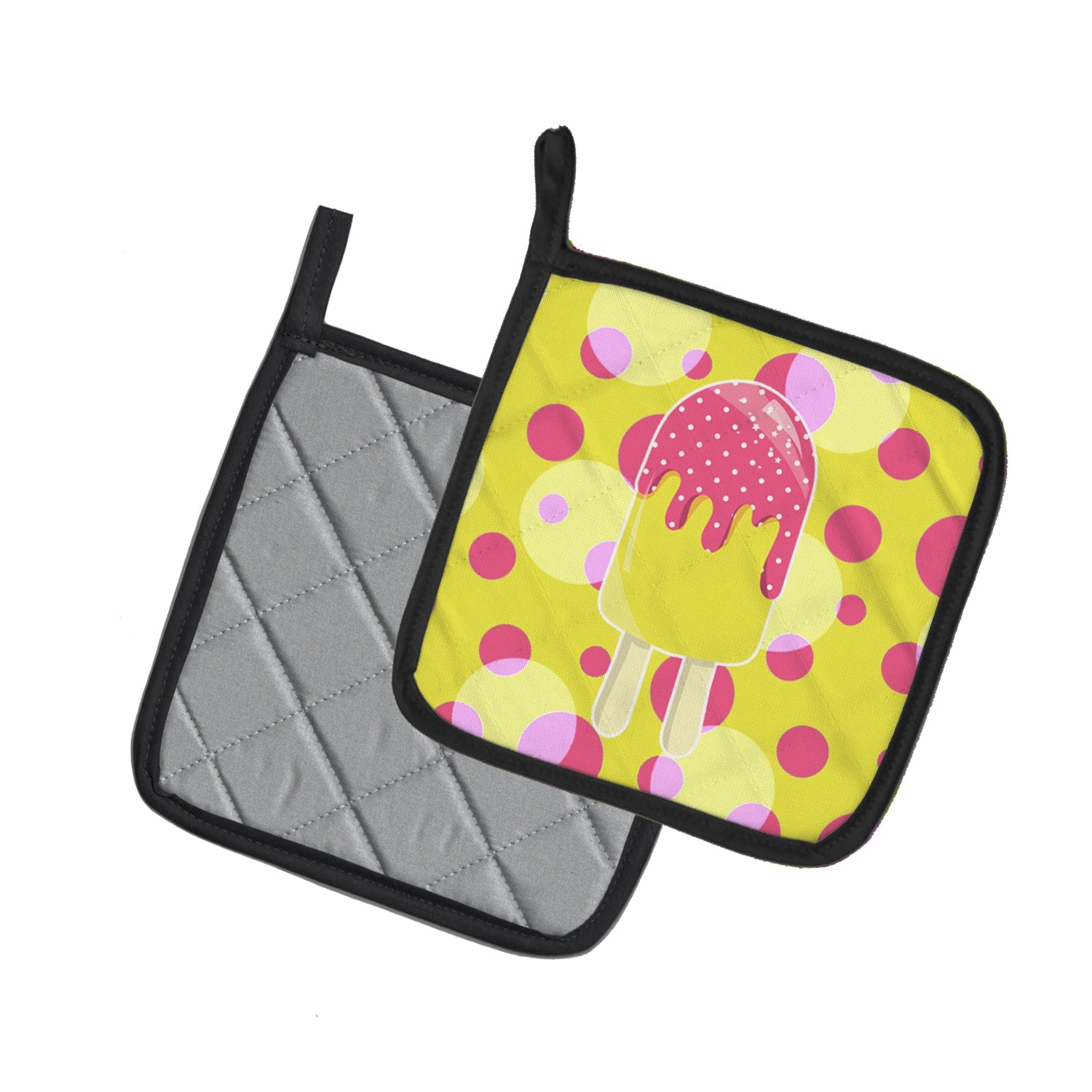 Ice Pop Popcicle Pink Yellow Pot Holder Set of 2 Heat Resistant Quilted Hot Pads 7.5 x 7.5 Inch, Insulated Kitchen Trivets for Cooking & Baking
