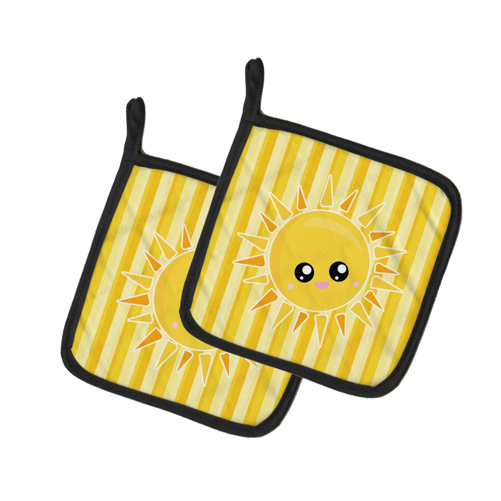 Sunshine Sun Face on Stripes Pot Holder Set of 2 Heat Resistant Quilted Hot Pads 7.5 x 7.5 Inch, Insulated Kitchen Trivets for Cooking & Baking