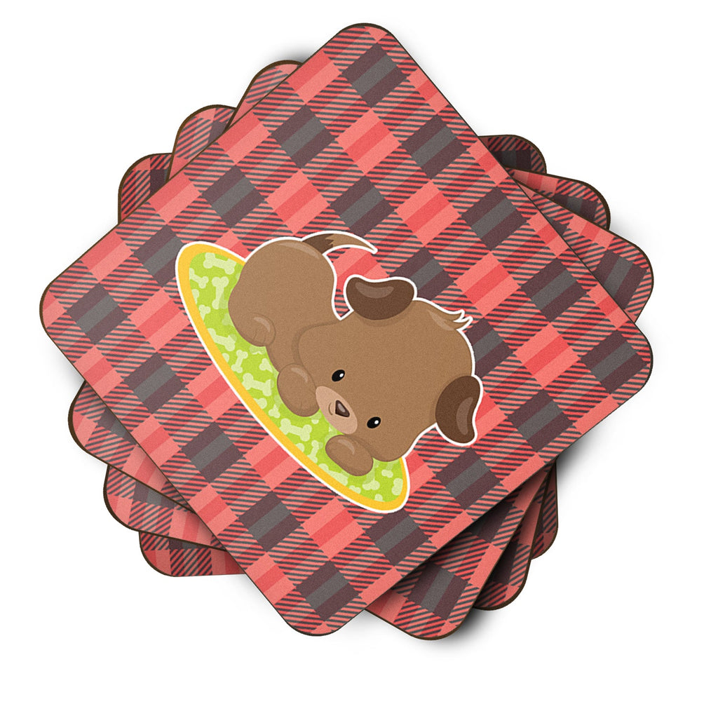 Puppy on Black Red Gingham Foam Coasters Set of 4 Cup Coasters for Indoor Outdoor, Tabletop Protection, Anti Slip, Mouse pad Material