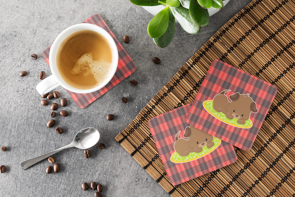 Puppy on Black Red Gingham Foam Coasters Set of 4 Cup Coasters for Indoor Outdoor, Tabletop Protection, Anti Slip, Mouse pad Material