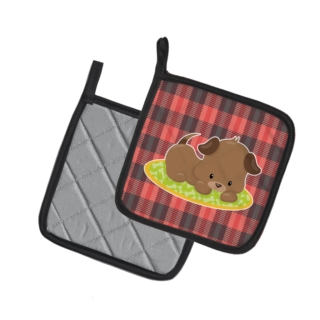 Puppy on Black Red Gingham Pot Holder Set of 2 Heat Resistant Quilted Hot Pads 7.5 x 7.5 Inch, Insulated Kitchen Trivets for Cooking & Baking