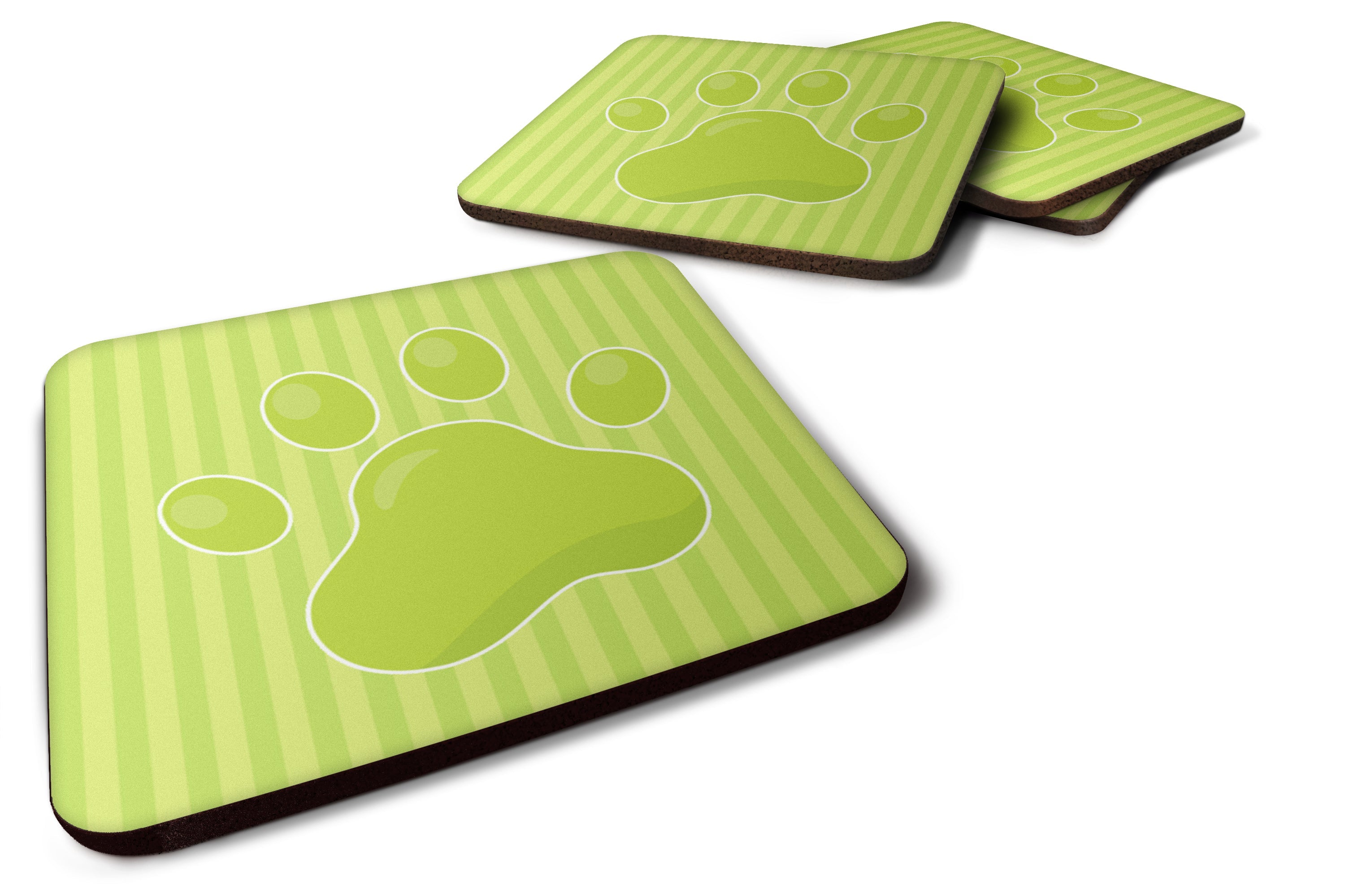Puppy Pawprint Green Stripes Foam Coasters Set of 4 Cup Coasters for Indoor Outdoor, Tabletop Protection, Anti Slip, Mouse pad Material