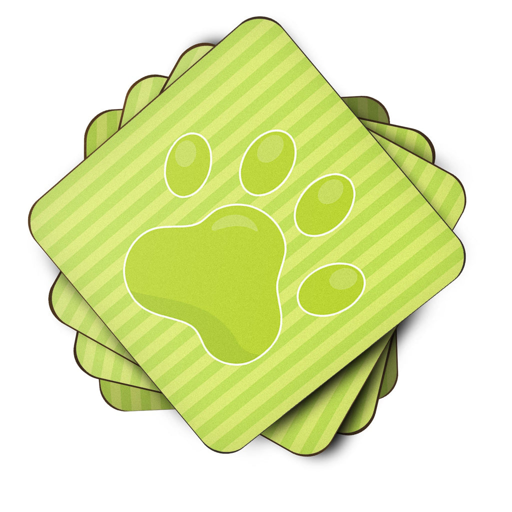 Puppy Pawprint Green Stripes Foam Coasters Set of 4 Cup Coasters for Indoor Outdoor, Tabletop Protection, Anti Slip, Mouse pad Material