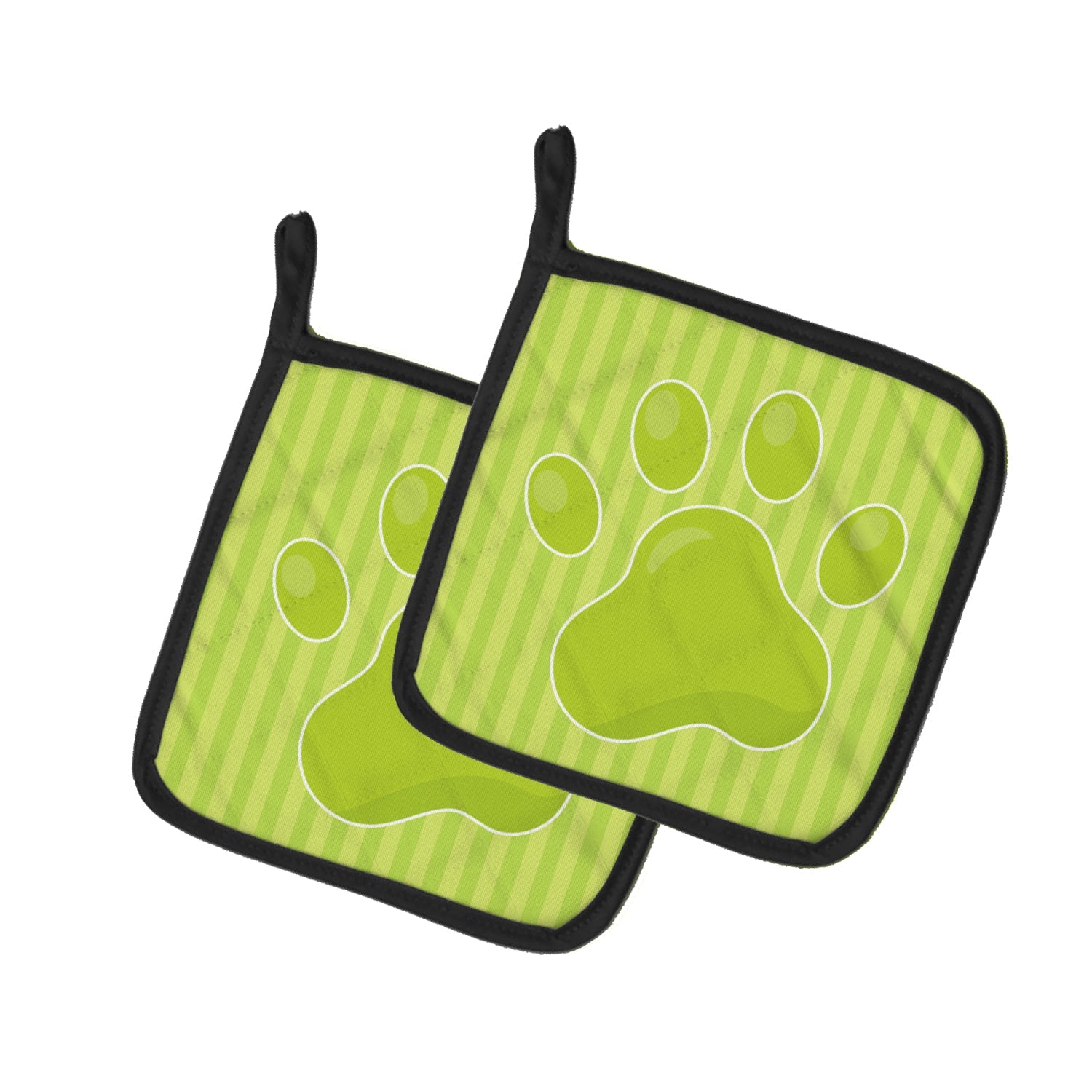 Puppy Pawprint Green Stripes Pot Holder Set of 2 Heat Resistant Quilted Hot Pads 7.5 x 7.5 Inch, Insulated Kitchen Trivets for Cooking & Baking
