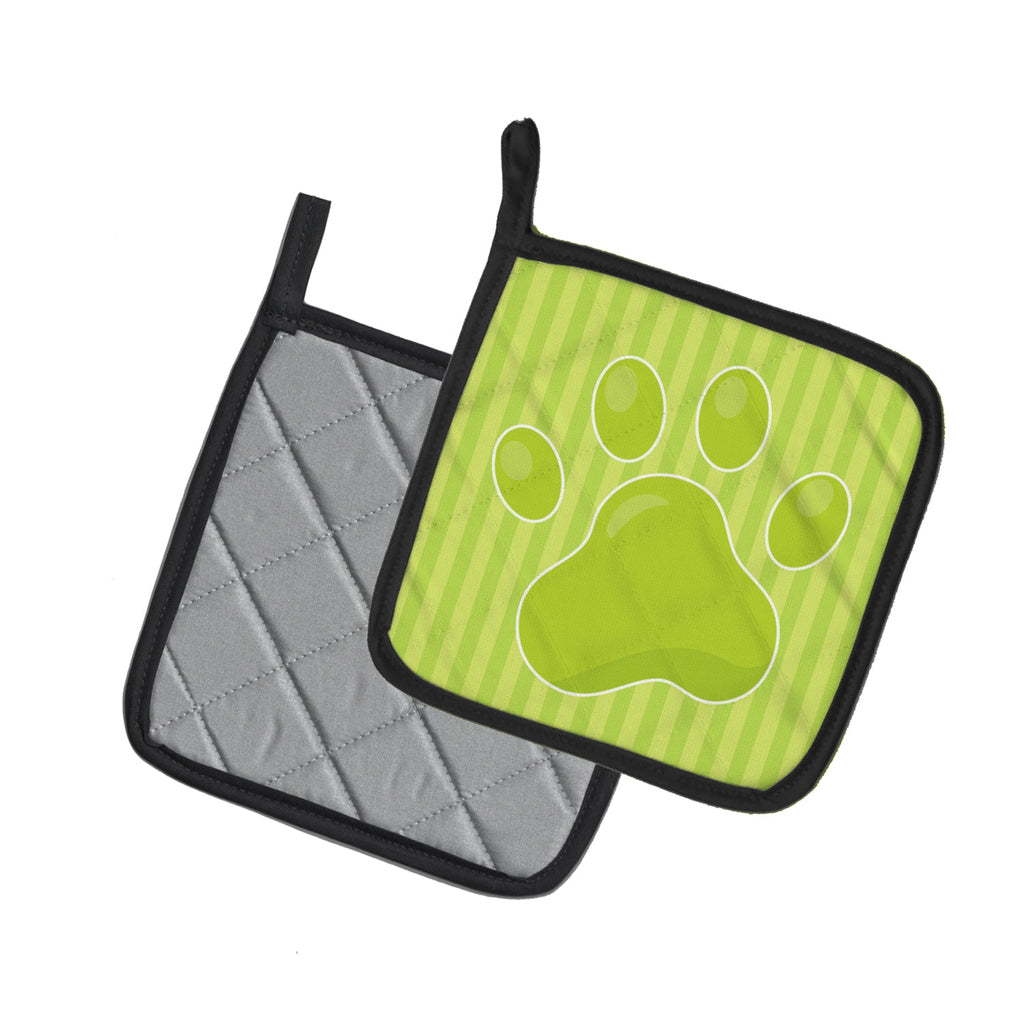 Puppy Pawprint Green Stripes Pot Holder Set of 2 Heat Resistant Quilted Hot Pads 7.5 x 7.5 Inch, Insulated Kitchen Trivets for Cooking & Baking