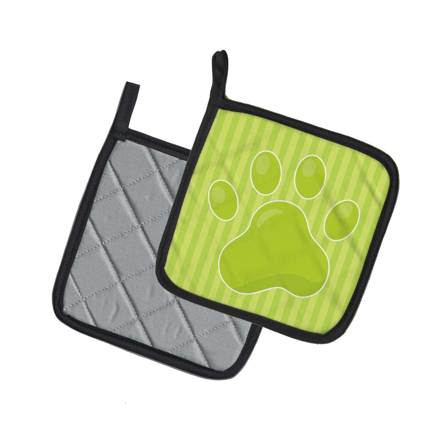 Puppy Pawprint Green Stripes Pot Holder Set of 2 Heat Resistant Quilted Hot Pads 7.5 x 7.5 Inch, Insulated Kitchen Trivets for Cooking & Baking