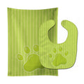 Puppy Pawprint Green Stripes Baby Bib & Burp Cloth Easy-Clean Baby Bib Baby Feeding Accessory Baby Mealtime Essential