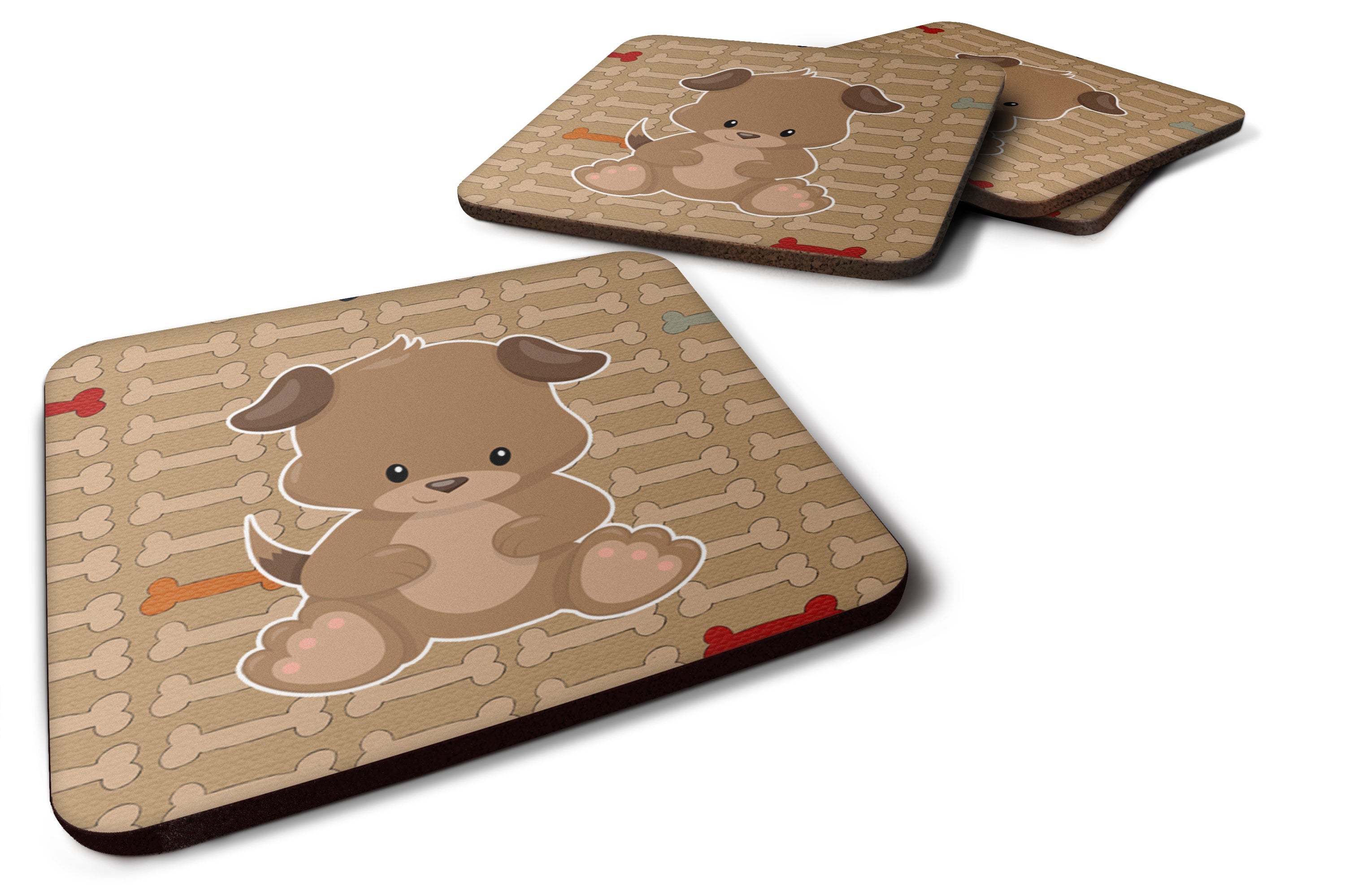 Puppy on Brown Bones Foam Coasters Set of 4 Cup Coasters for Indoor Outdoor, Tabletop Protection, Anti Slip, Mouse pad Material