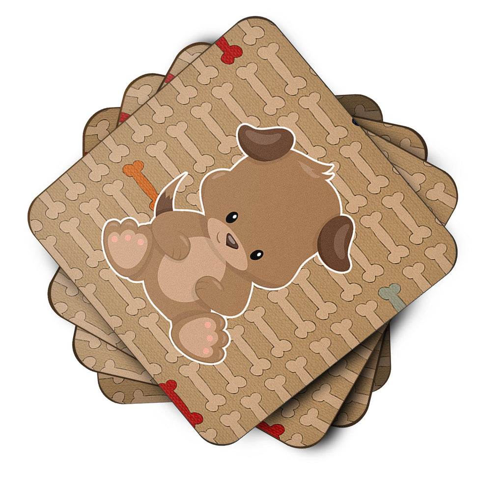 Puppy on Brown Bones Foam Coasters Set of 4 Cup Coasters for Indoor Outdoor, Tabletop Protection, Anti Slip, Mouse pad Material