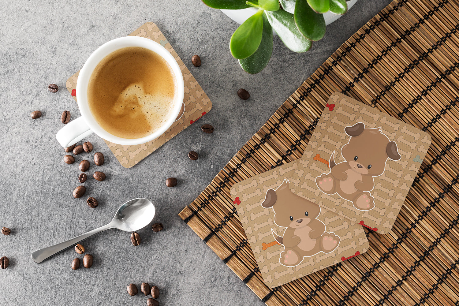 Puppy on Brown Bones Foam Coasters Set of 4 Cup Coasters for Indoor Outdoor, Tabletop Protection, Anti Slip, Mouse pad Material