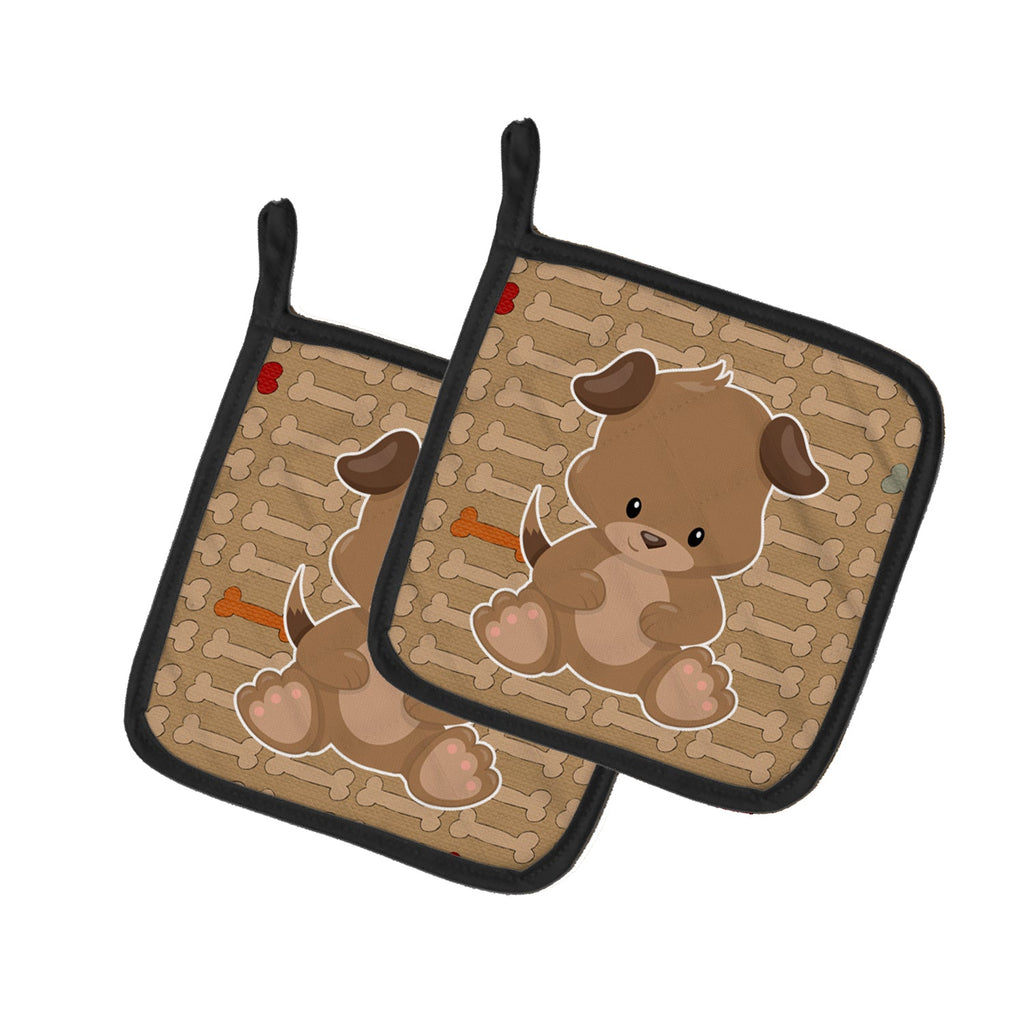 Puppy on Brown Bones Pot Holder Set of 2 Heat Resistant Quilted Hot Pads 7.5 x 7.5 Inch, Insulated Kitchen Trivets for Cooking & Baking