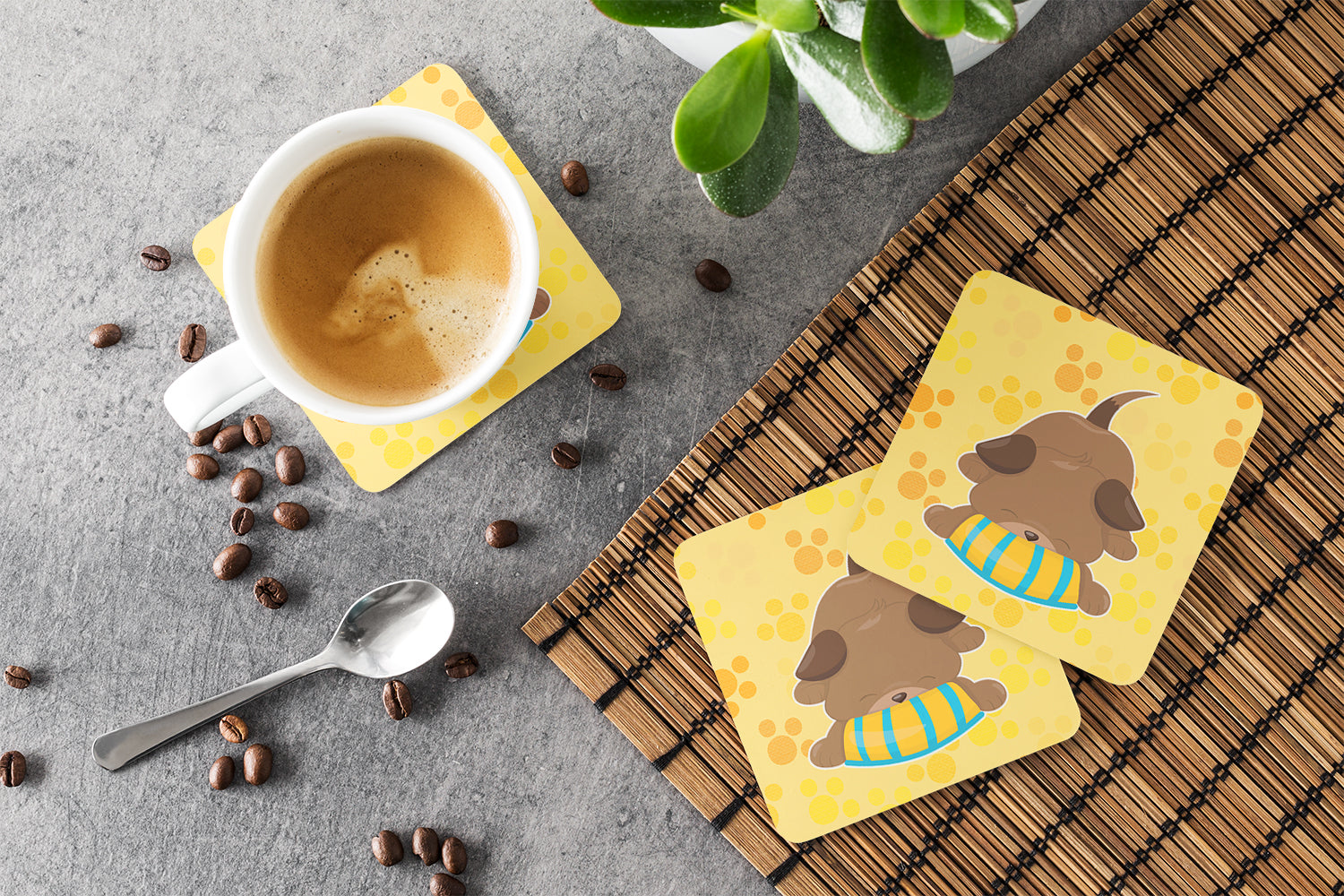 Puppy on Yellow Pawprints Foam Coasters Set of 4 Cup Coasters for Indoor Outdoor, Tabletop Protection, Anti Slip, Mouse pad Material
