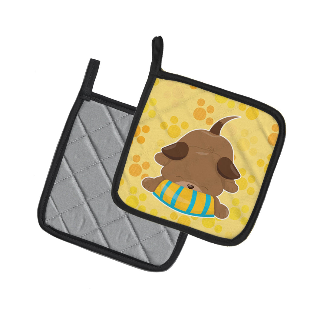 Puppy on Yellow Pawprints Pot Holder Set of 2 Heat Resistant Quilted Hot Pads 7.5 x 7.5 Inch, Insulated Kitchen Trivets for Cooking & Baking