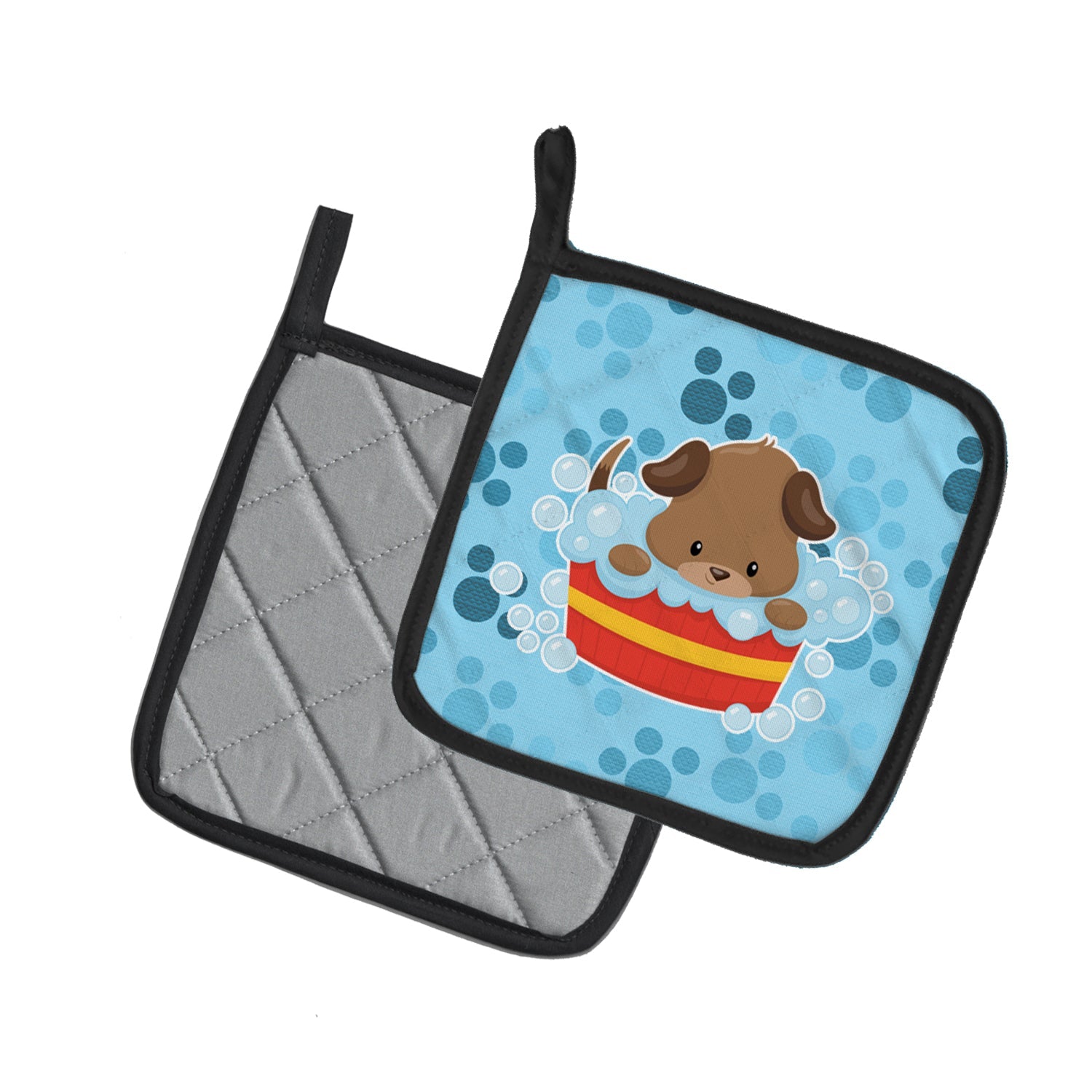 Puppy taking a bath Pot Holder Set of 2 Heat Resistant Quilted Hot Pads 7.5 x 7.5 Inch, Insulated Kitchen Trivets for Cooking & Baking