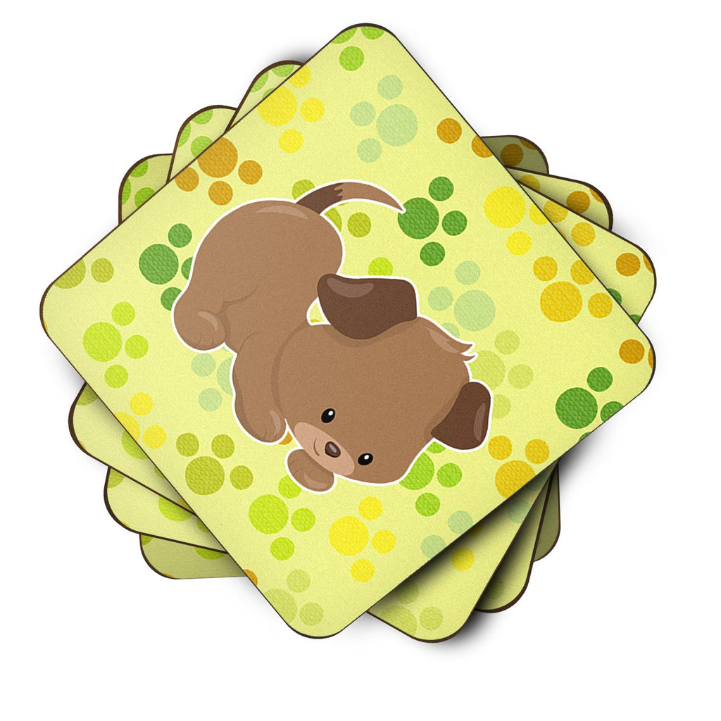 Puppy on Green Pawprints Foam Coasters Set of 4 Cup Coasters for Indoor Outdoor, Tabletop Protection, Anti Slip, Mouse pad Material