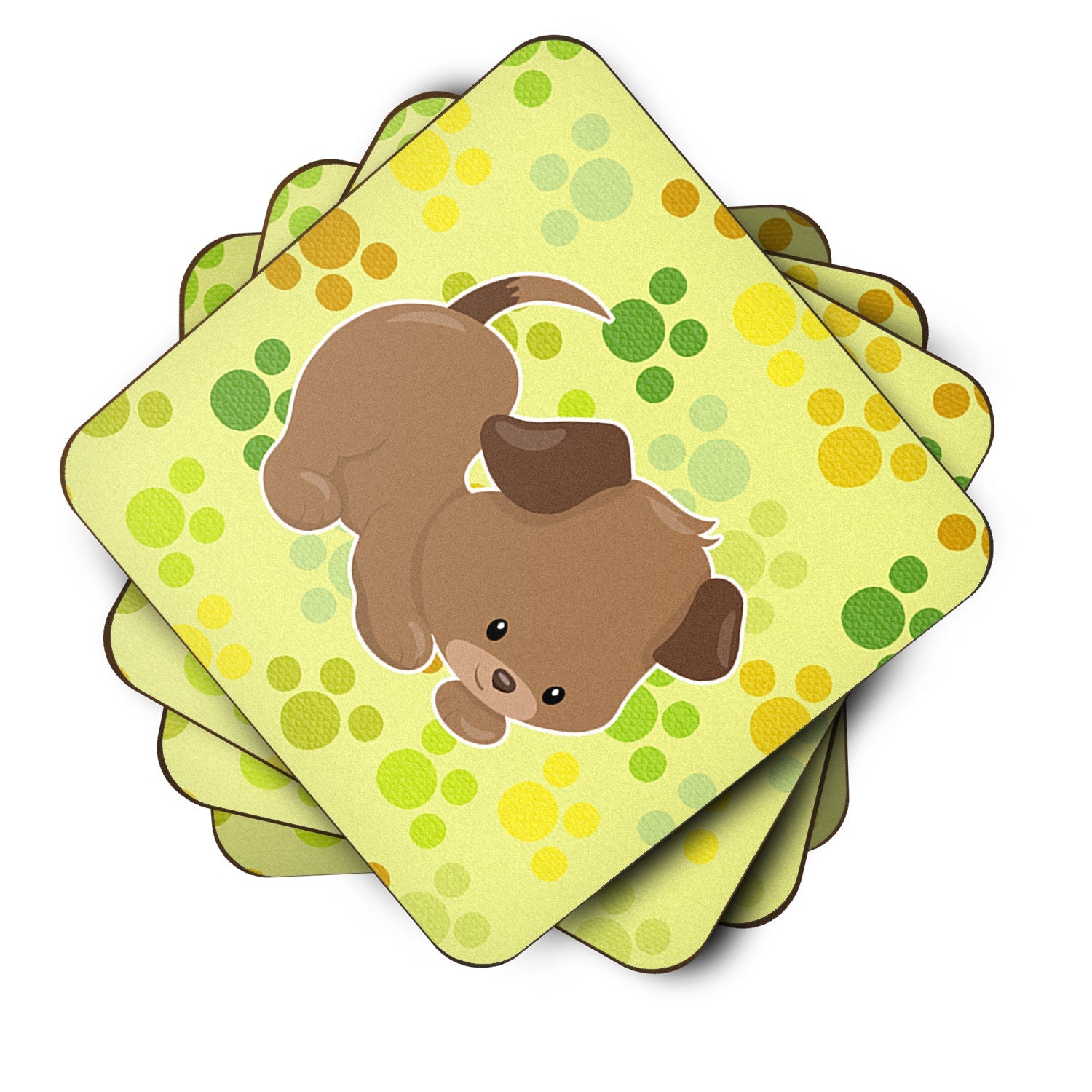 Puppy on Green Pawprints Foam Coasters Set of 4 Cup Coasters for Indoor Outdoor, Tabletop Protection, Anti Slip, Mouse pad Material