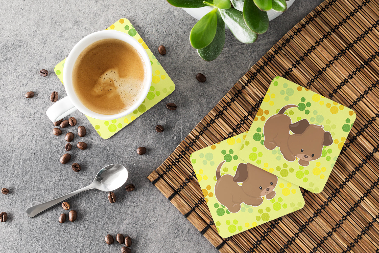 Puppy on Green Pawprints Foam Coasters Set of 4 Cup Coasters for Indoor Outdoor, Tabletop Protection, Anti Slip, Mouse pad Material