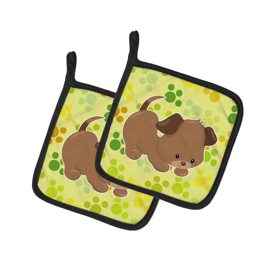 Puppy on Green Pawprints Pot Holder Set of 2 Heat Resistant Quilted Hot Pads 7.5 x 7.5 Inch, Insulated Kitchen Trivets for Cooking & Baking