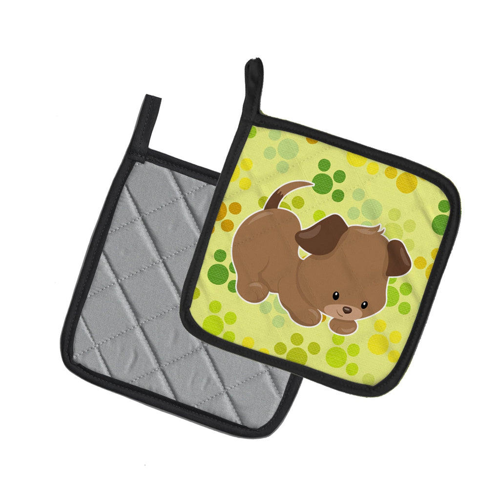 Puppy on Green Pawprints Pot Holder Set of 2 Heat Resistant Quilted Hot Pads 7.5 x 7.5 Inch, Insulated Kitchen Trivets for Cooking & Baking