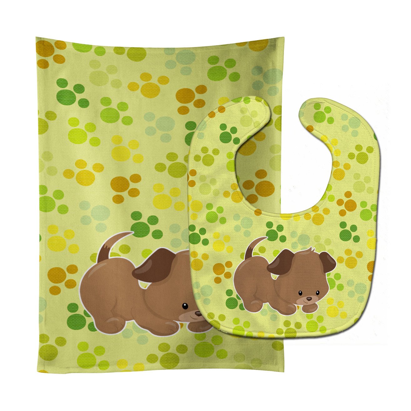Puppy on Green Pawprints Baby Bib & Burp Cloth Easy-Clean Baby Bib Baby Feeding Accessory Baby Mealtime Essential