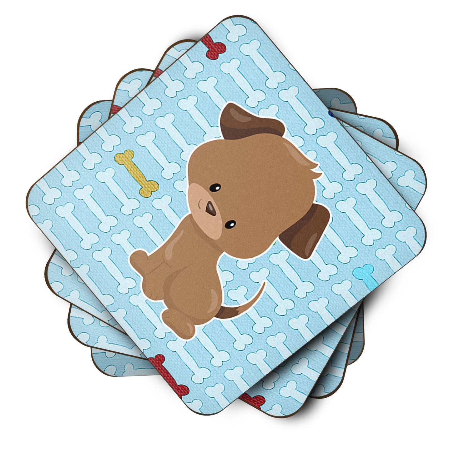 Puppy on Blue Bones Foam Coasters Set of 4 Cup Coasters for Indoor Outdoor, Tabletop Protection, Anti Slip, Mouse pad Material