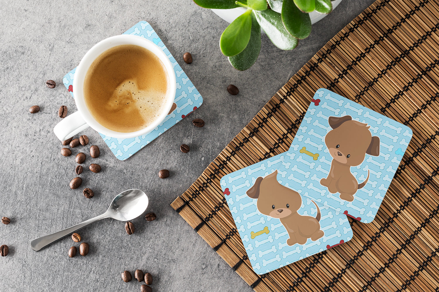 Puppy on Blue Bones Foam Coasters Set of 4 Cup Coasters for Indoor Outdoor, Tabletop Protection, Anti Slip, Mouse pad Material