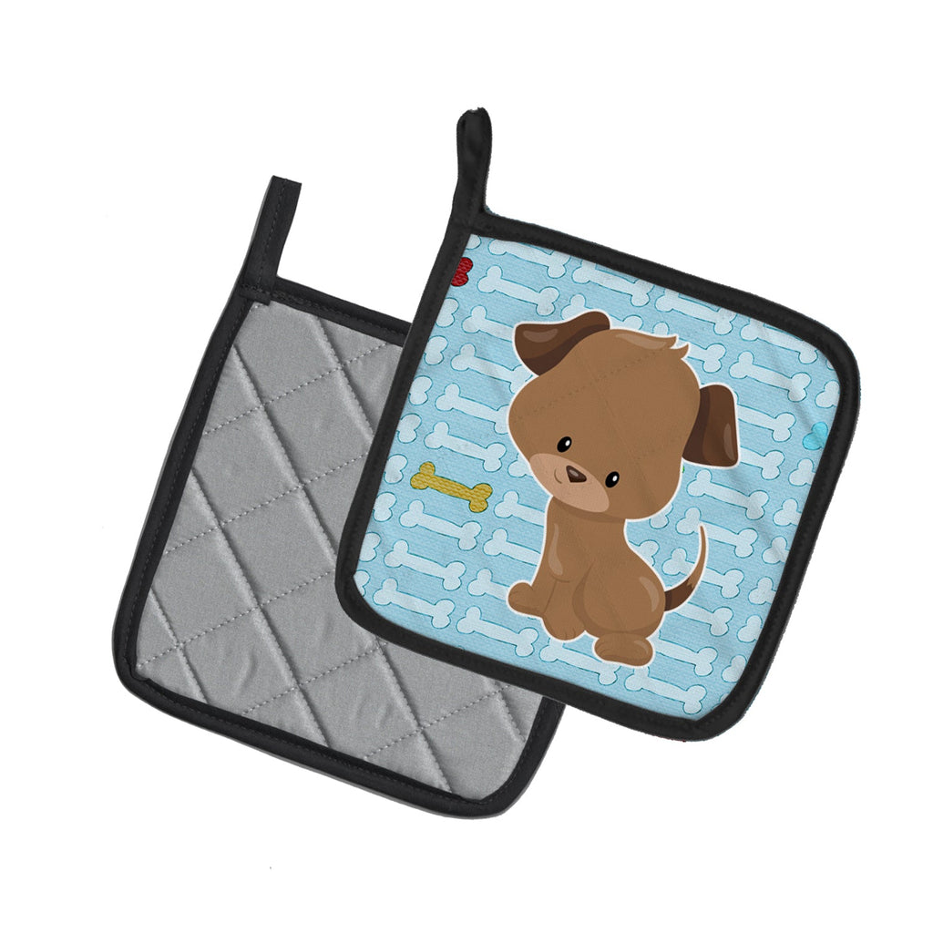 Puppy on Blue Bones Pot Holder Set of 2 Heat Resistant Quilted Hot Pads 7.5 x 7.5 Inch, Insulated Kitchen Trivets for Cooking & Baking