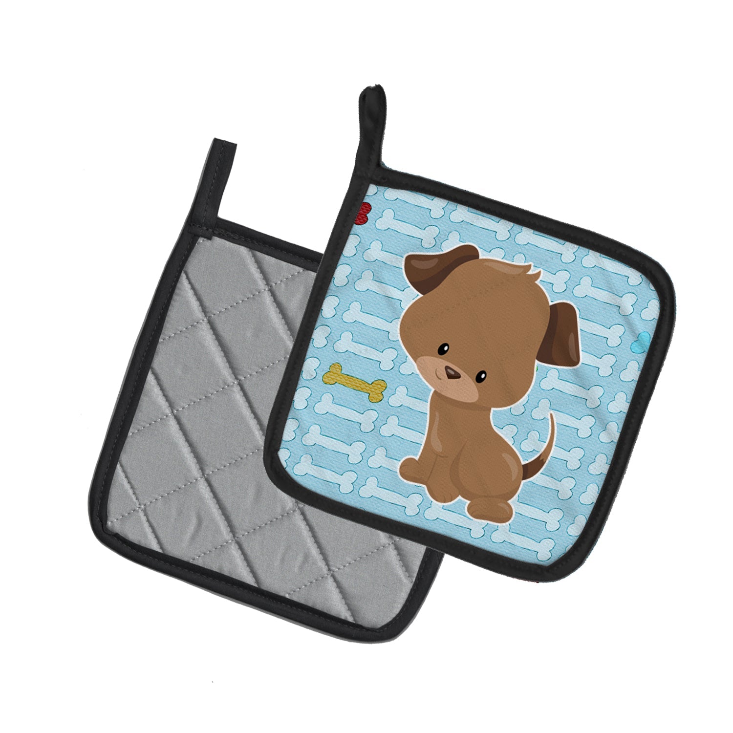 Puppy on Blue Bones Pot Holder Set of 2 Heat Resistant Quilted Hot Pads 7.5 x 7.5 Inch, Insulated Kitchen Trivets for Cooking & Baking