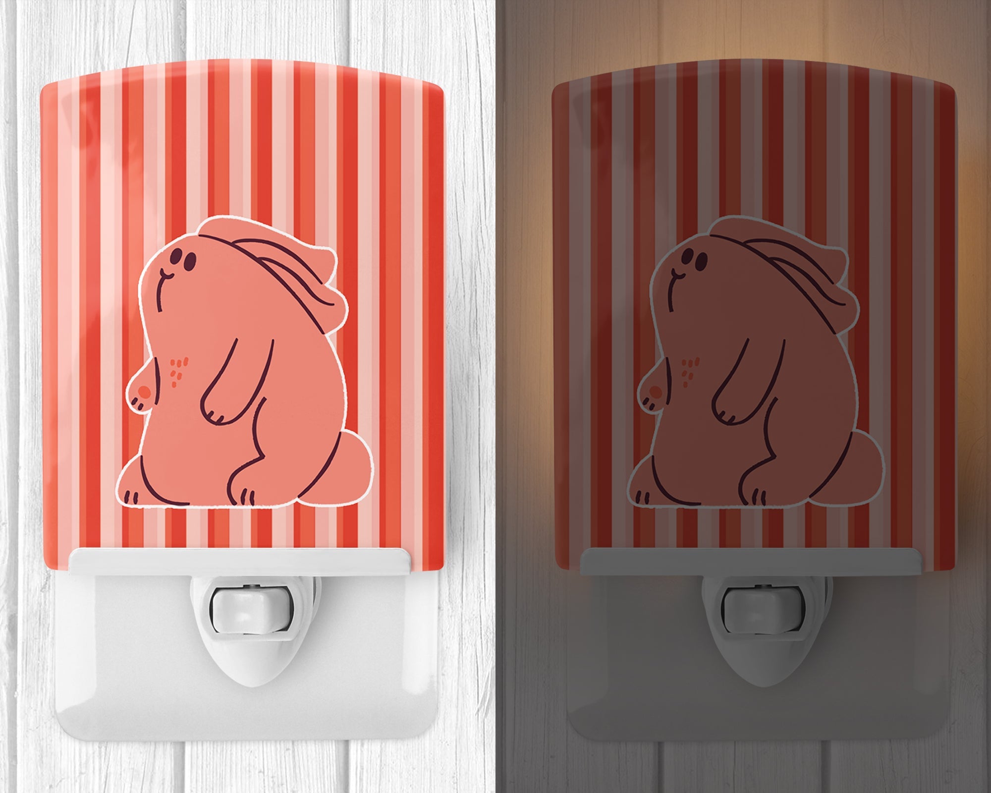 Rabbit on Pink Stripes Ceramic Night Light Compact, UL-Certified, Ideal for Bedroom, Bathroom, Nursery, Hallway, Kitchen, 6x4x3, Multicolor